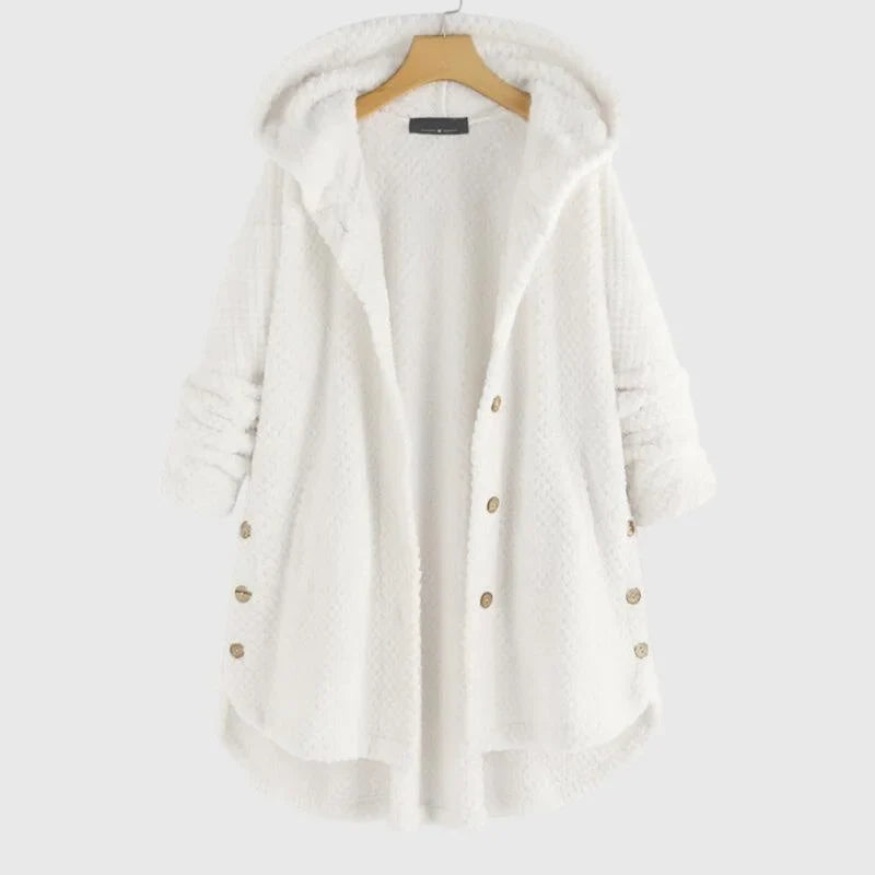 Women's borg button-front hooded long coat with curved hem