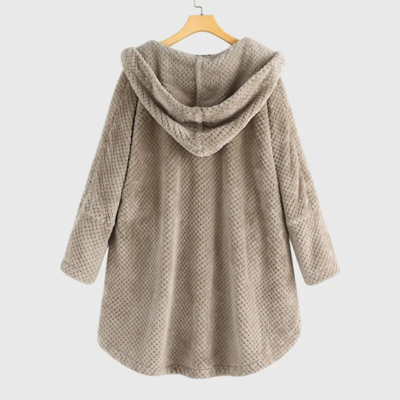 Women's borg button-front hooded long coat with curved hem