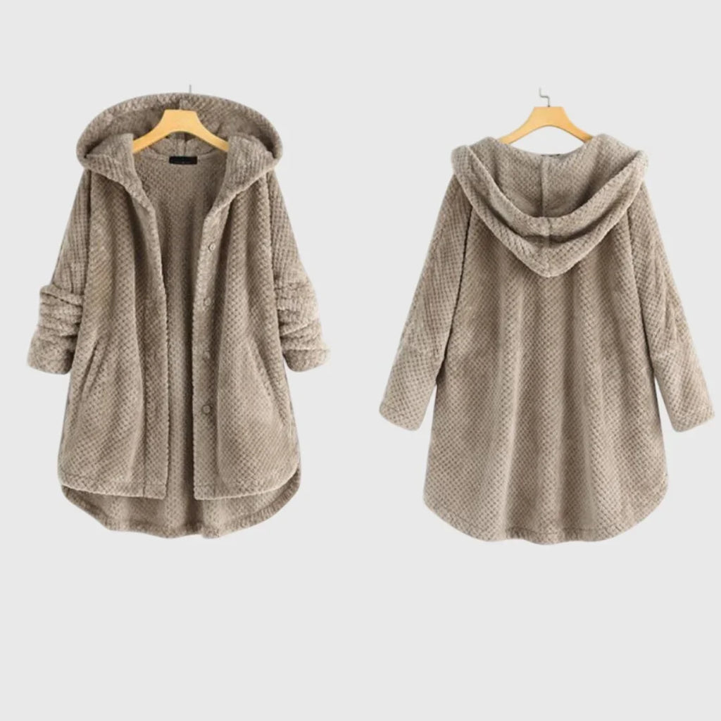 Women's borg button-front hooded long coat with curved hem