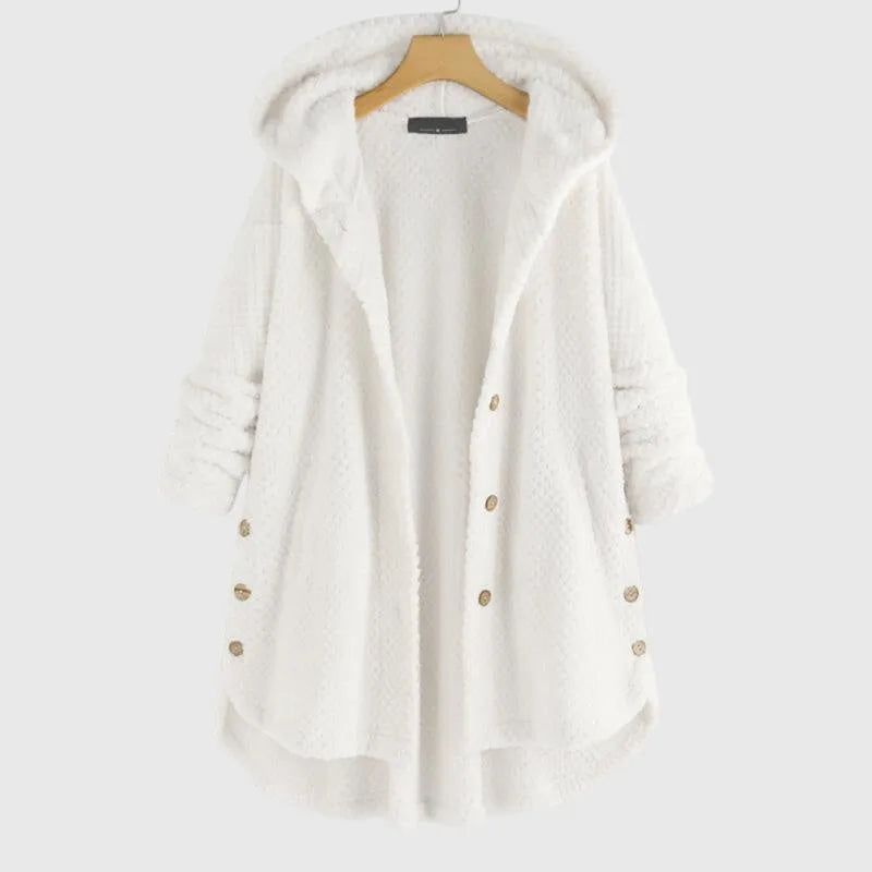 Women's borg button-front hooded long coat with high-low curved hem