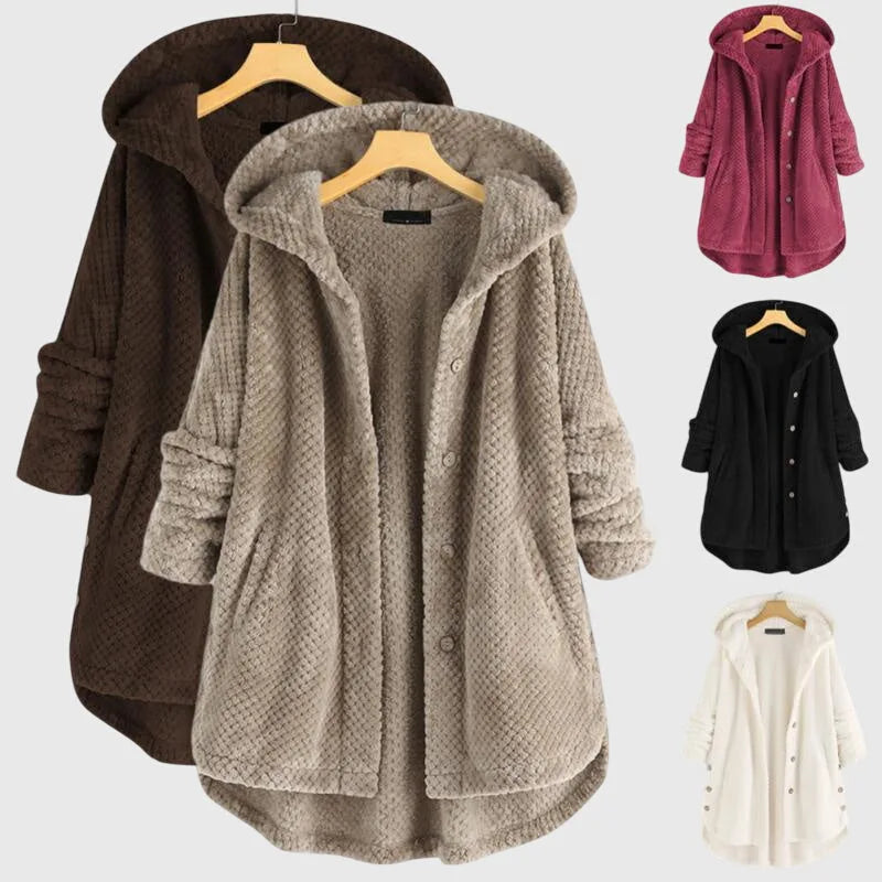 Women's borg button-front hooded long coat with high-low curved hem