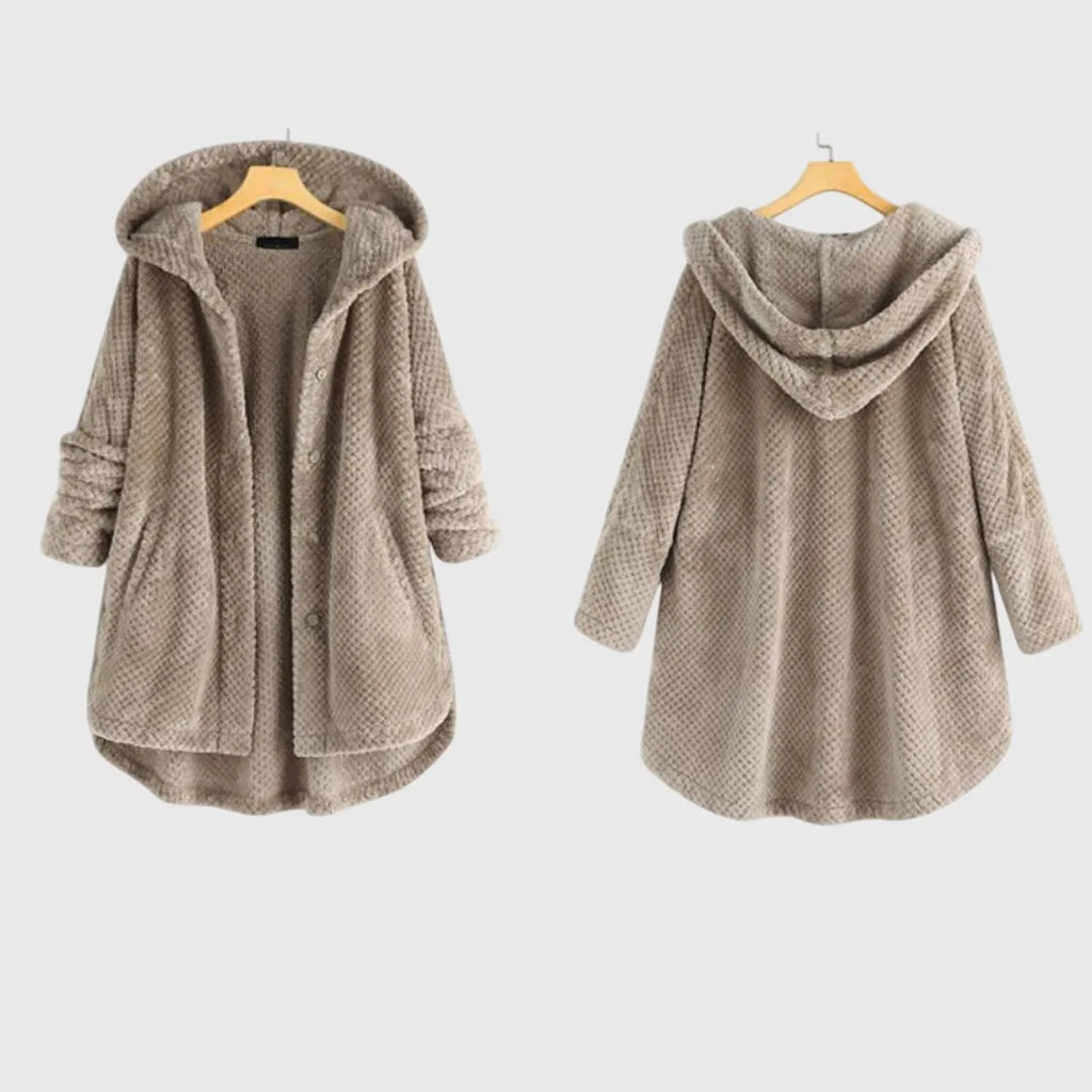 Women's borg button-front hooded long coat with high-low curved hem