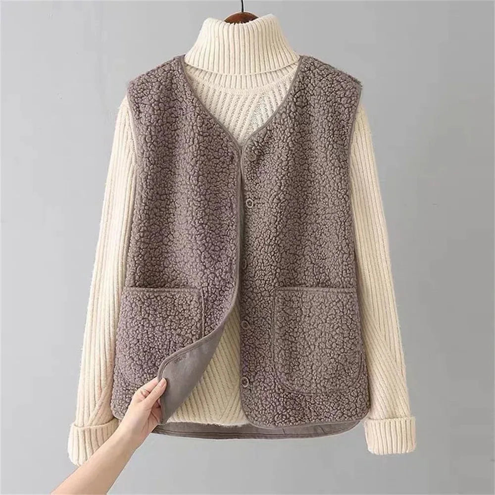 Women's borg button-front v-neck vest with patch pockets
