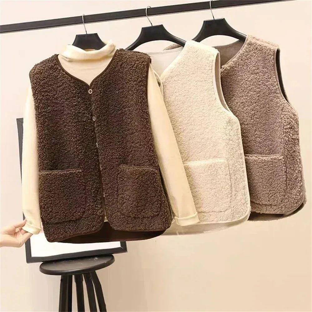 Women's borg button-front v-neck vest with patch pockets