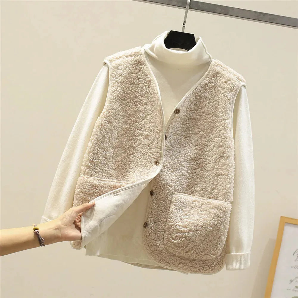 Women's borg button-front v-neck vest with patch pockets
