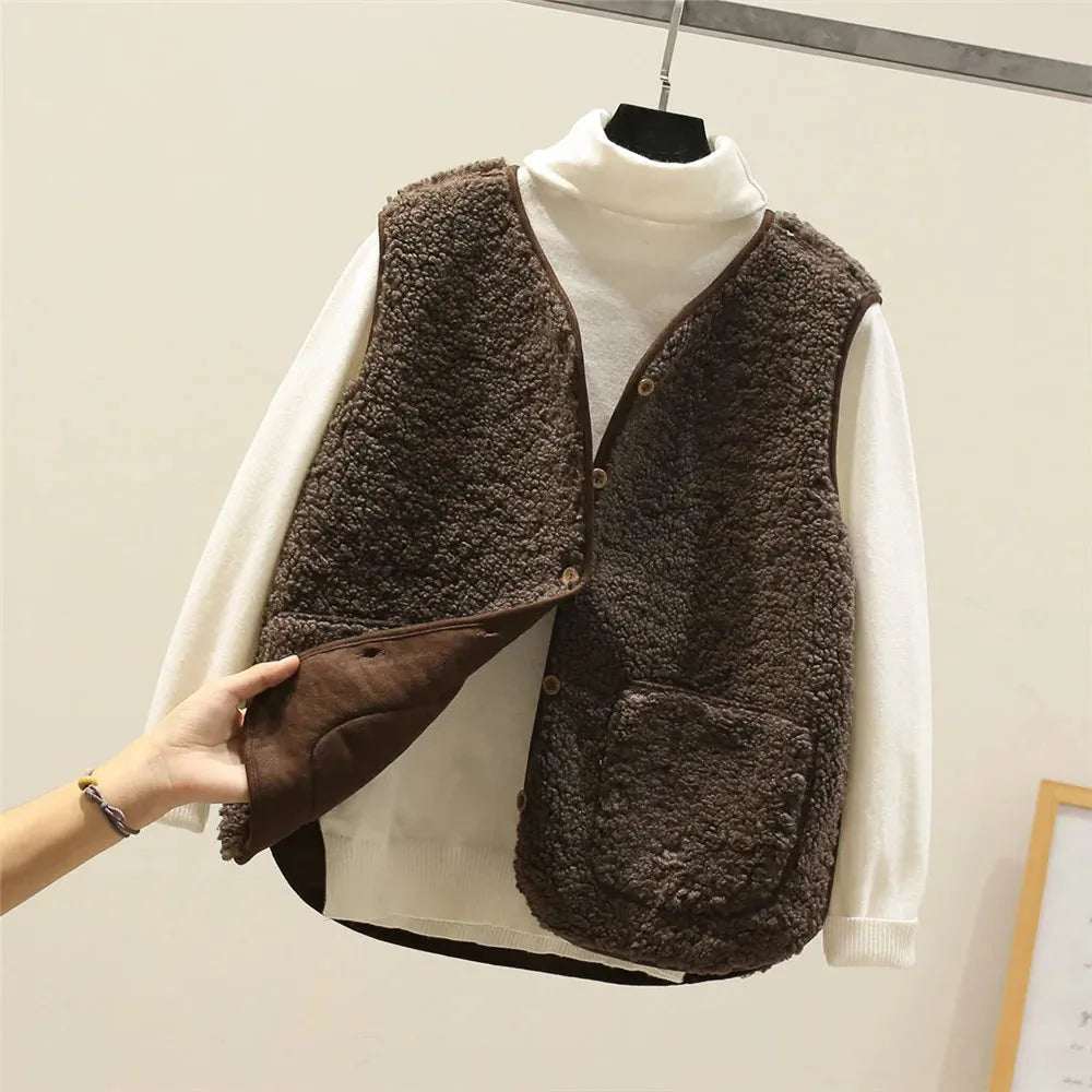 Women's borg button-front v-neck vest with patch pockets