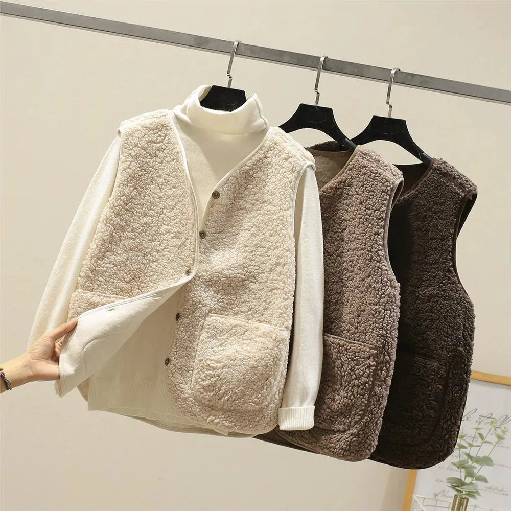 Women's borg button-front v-neck vest with patch pockets