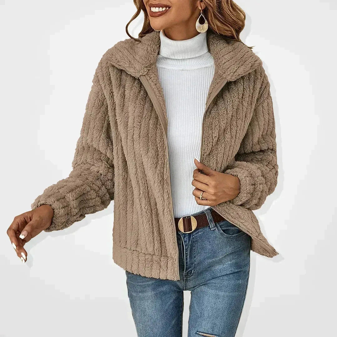Women's borg zip-up shawl collar fleece jacket with ribbed texture