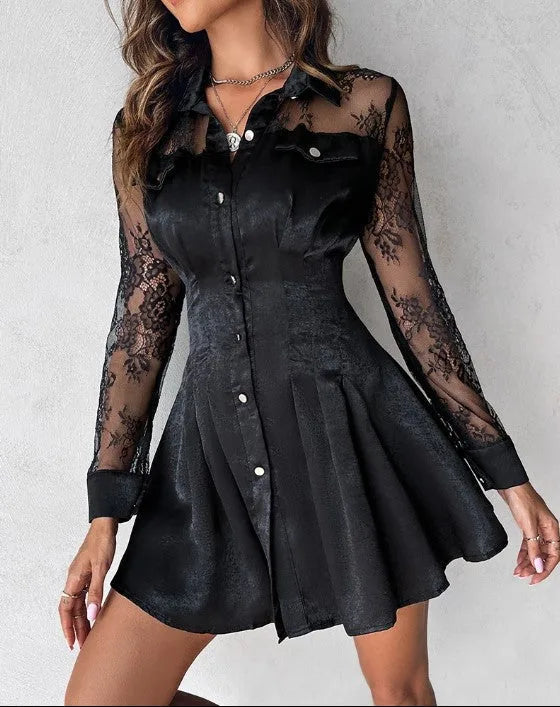 Women's Button Front Long Sleeve Lace Mini Dress