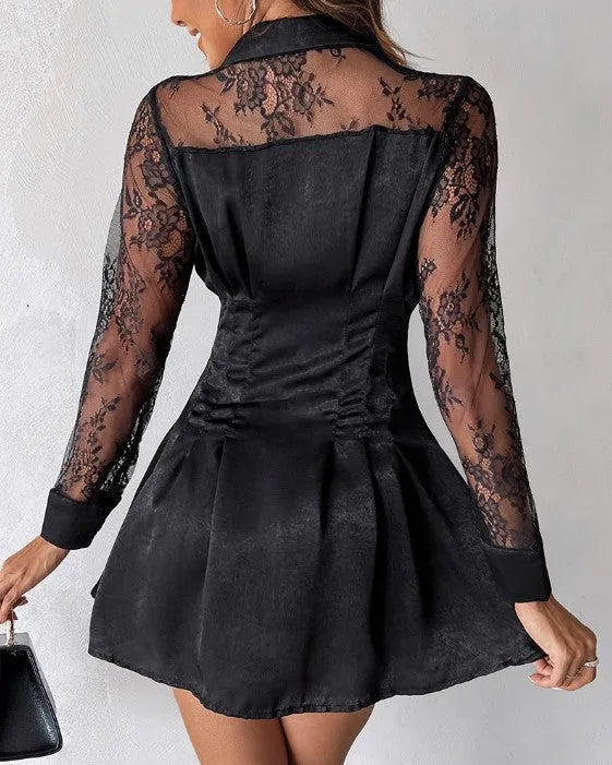 Women's Button Front Long Sleeve Lace Mini Dress
