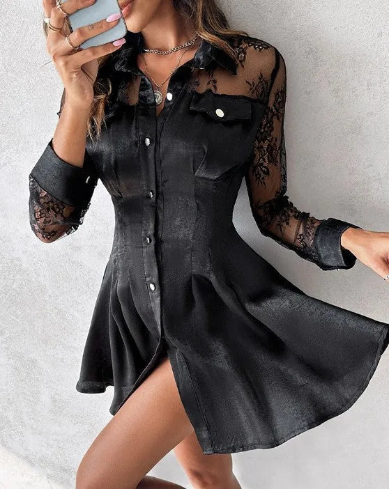Women's Button Front Long Sleeve Lace Mini Dress