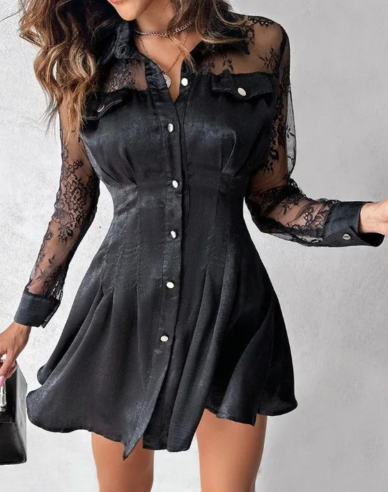 Women's Button Front Long Sleeve Lace Mini Dress