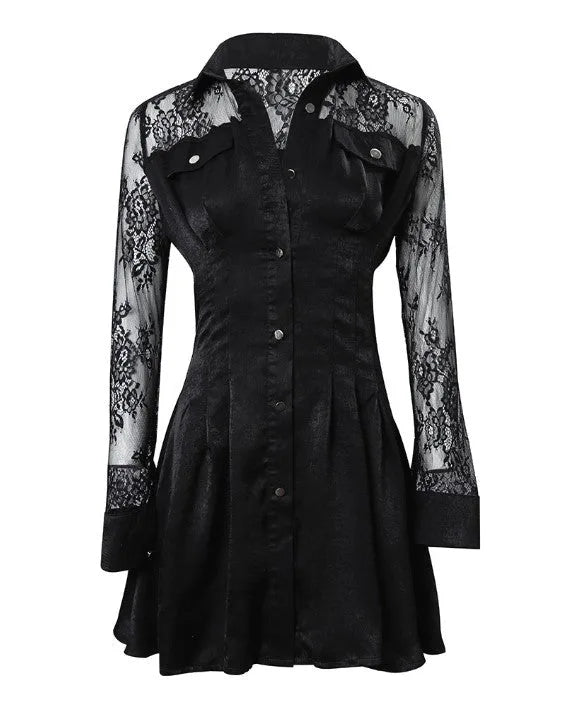 Women's Button Front Long Sleeve Lace Mini Dress
