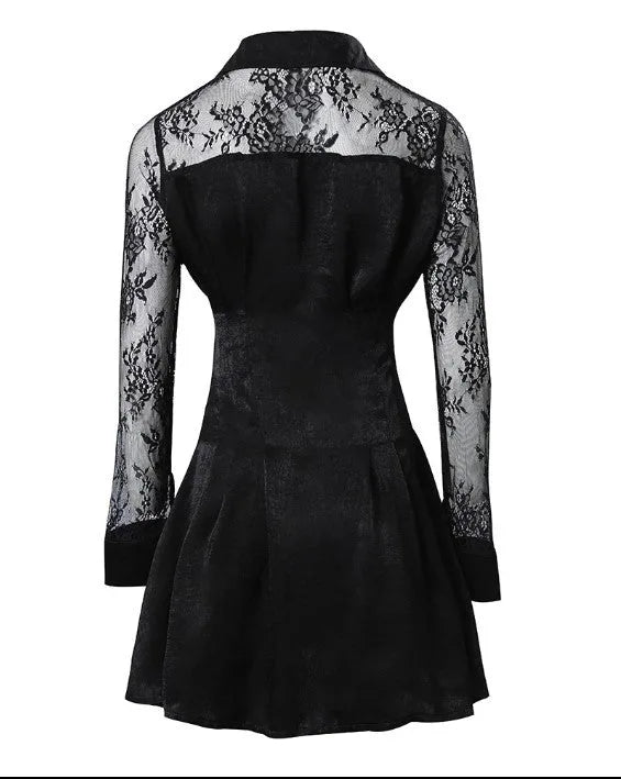 Women's Button Front Long Sleeve Lace Mini Dress