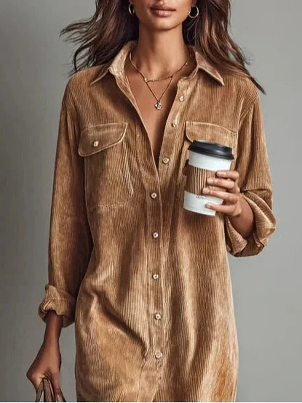 Women's button front long sleeve midi dress