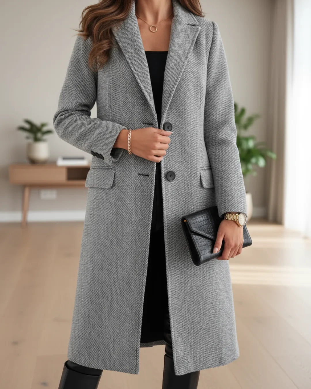 Women's button-front notch lapel wool coat with flap pockets