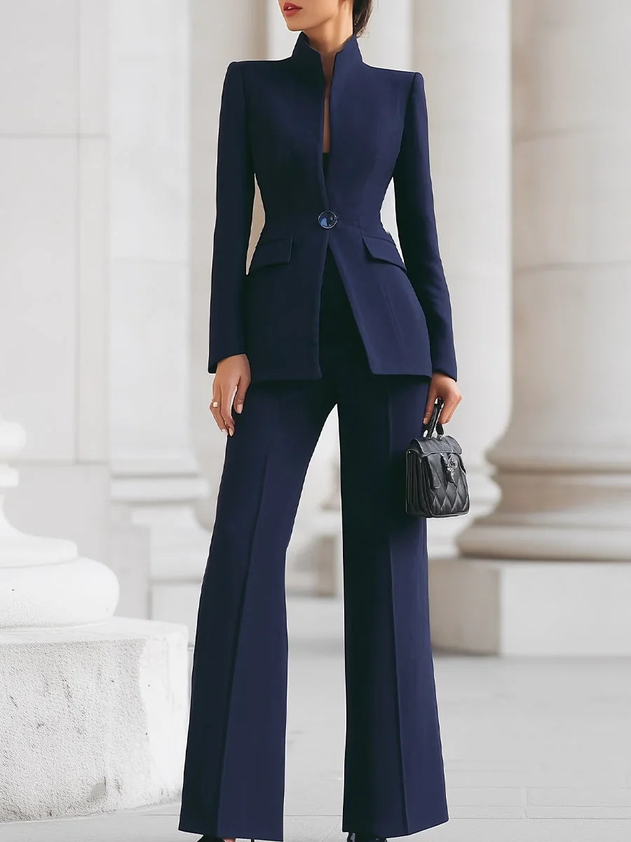 Women's button-front stand collar two piece set with wide-leg pants