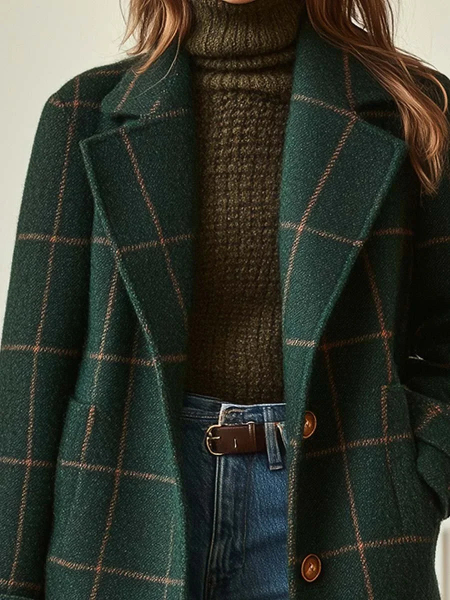 Women's check button-front notch lapel wool coat