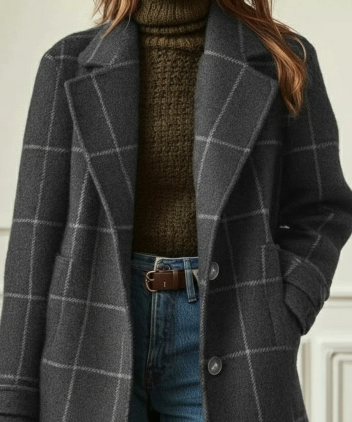 Women's check button-front notch lapel wool coat