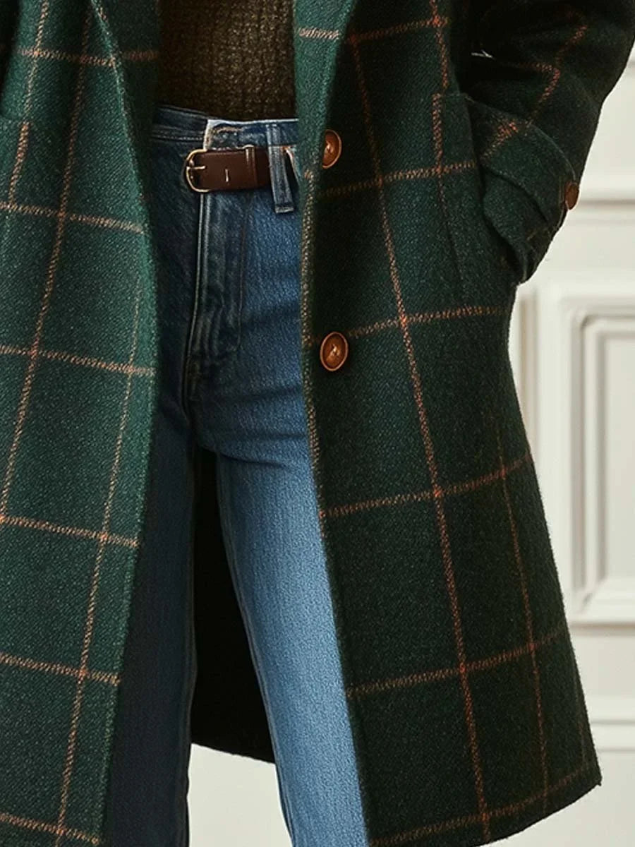 Women's check button-front notch lapel wool coat