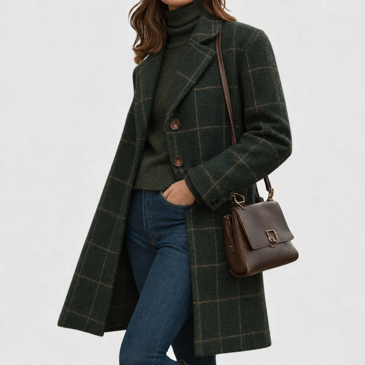 Women's check button-front notch lapel wool coat in green