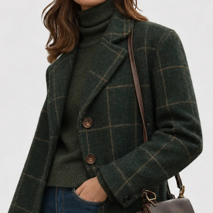 Women's check button-front notch lapel wool coat in green
