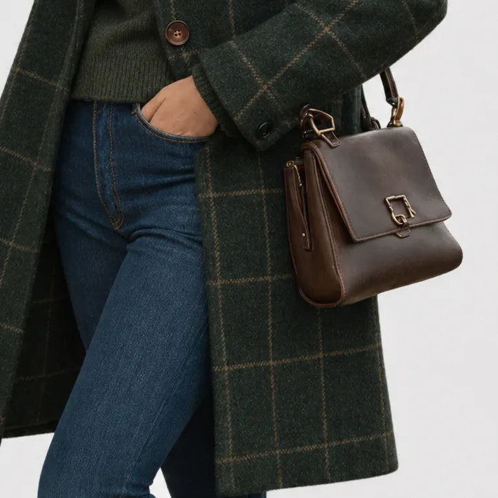 Women's check button-front notch lapel wool coat in green