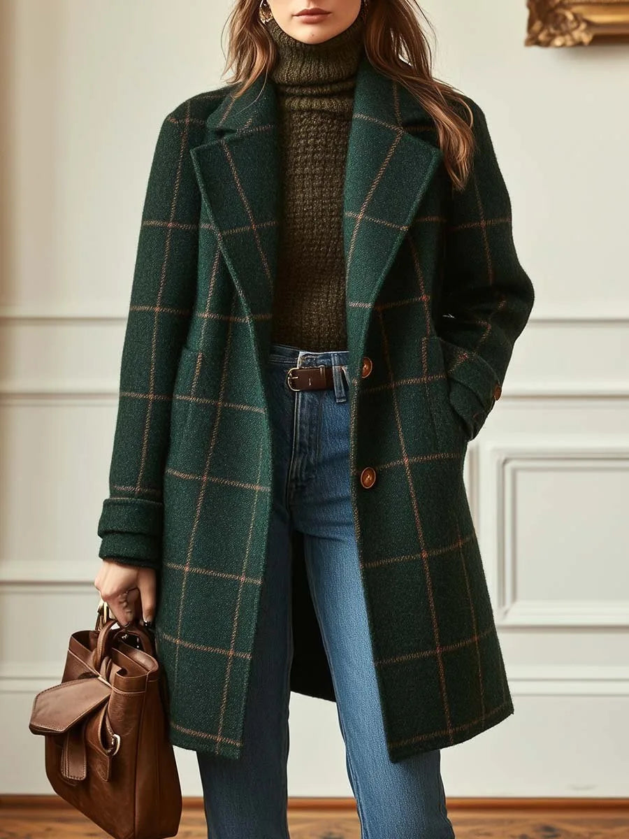 Women's check button-front notch lapel wool coat with side pockets