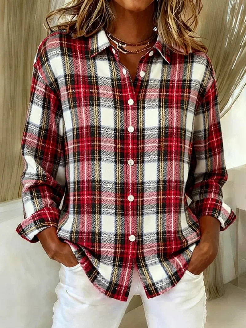 Women's check cotton button-front blouse with rolled cuffs in red