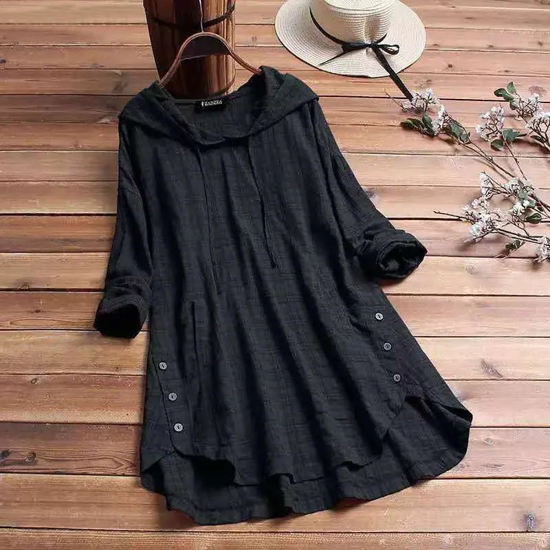 Women's check cotton hoodie with side buttons