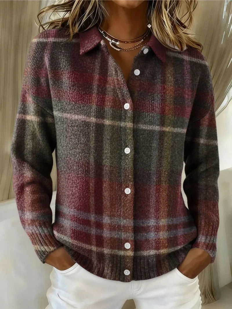 Women's check knit button-front cardigan in burgundy
