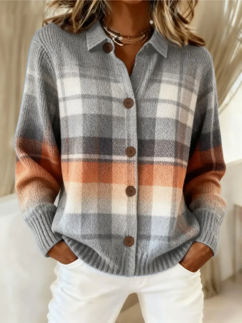 Women's check knit button-front cardigan with ombre pattern in gray