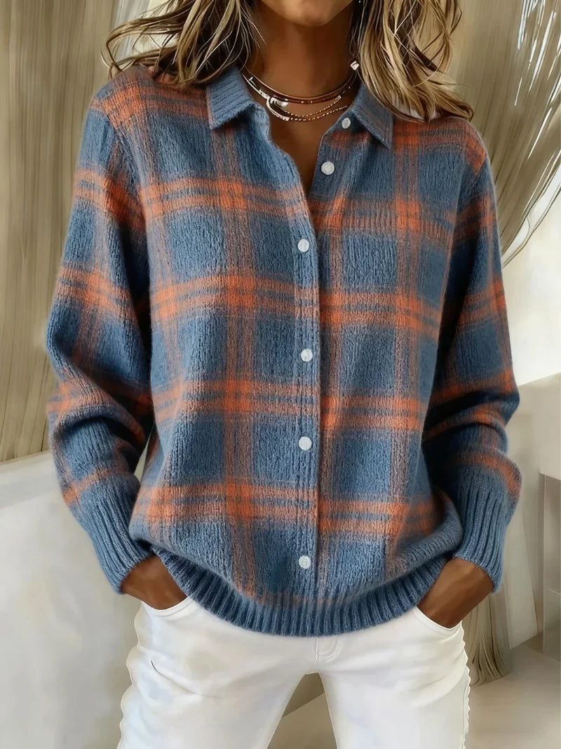Women's check knit button-front cardigan with ribbed cuffs and hem