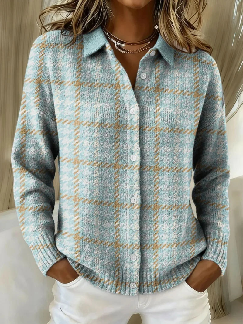 Women's check knit button-front cardigan with ribbed cuffs in light blue