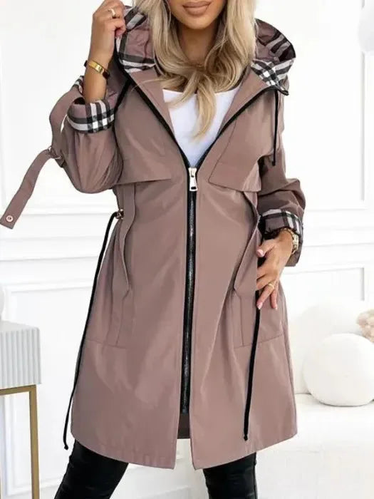 Women's check zip-up hooded waterproof parka