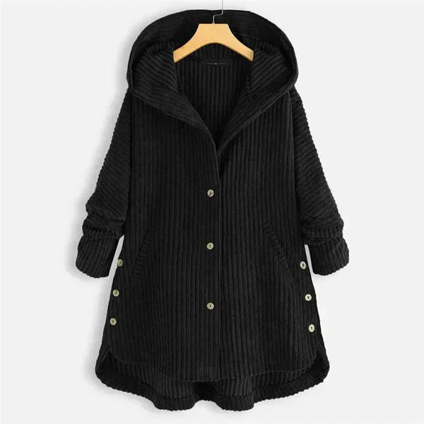 Women's corduroy button-front hooded cardigan with high-low hem