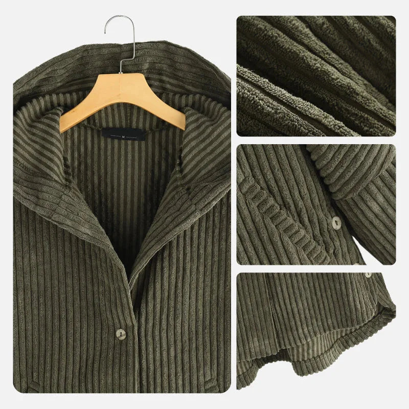 Women's corduroy button-front hooded cardigan with high-low hem