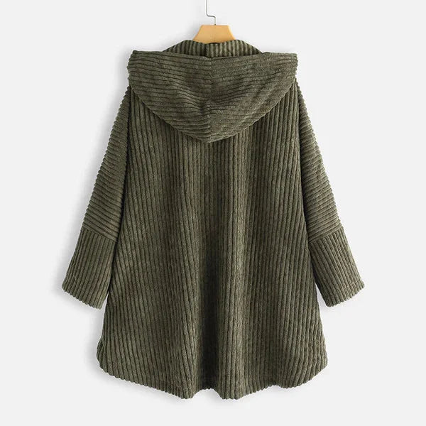 Women's corduroy button-front hooded cardigan with high-low hem