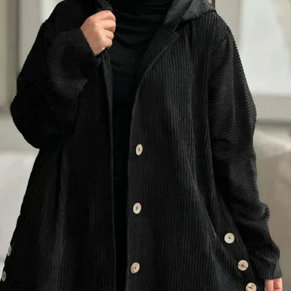 Women's corduroy button-front hooded cardigan with high-low hem