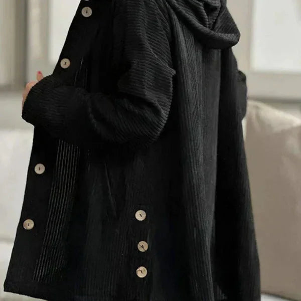 Women's corduroy button-front hooded cardigan with high-low hem