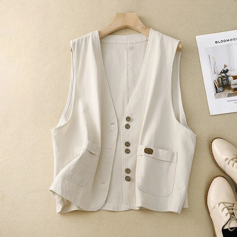 Women's cotton button-front v-neck cropped jacket with patch pockets