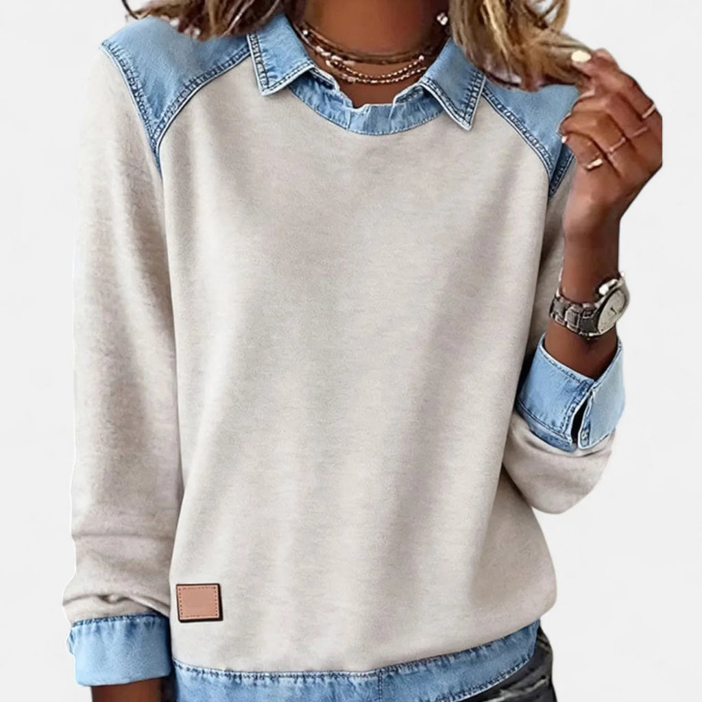 Women's cotton collared sweatshirt with denim contrast details