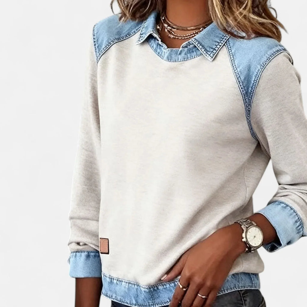 Women's cotton collared sweatshirt with denim contrast details