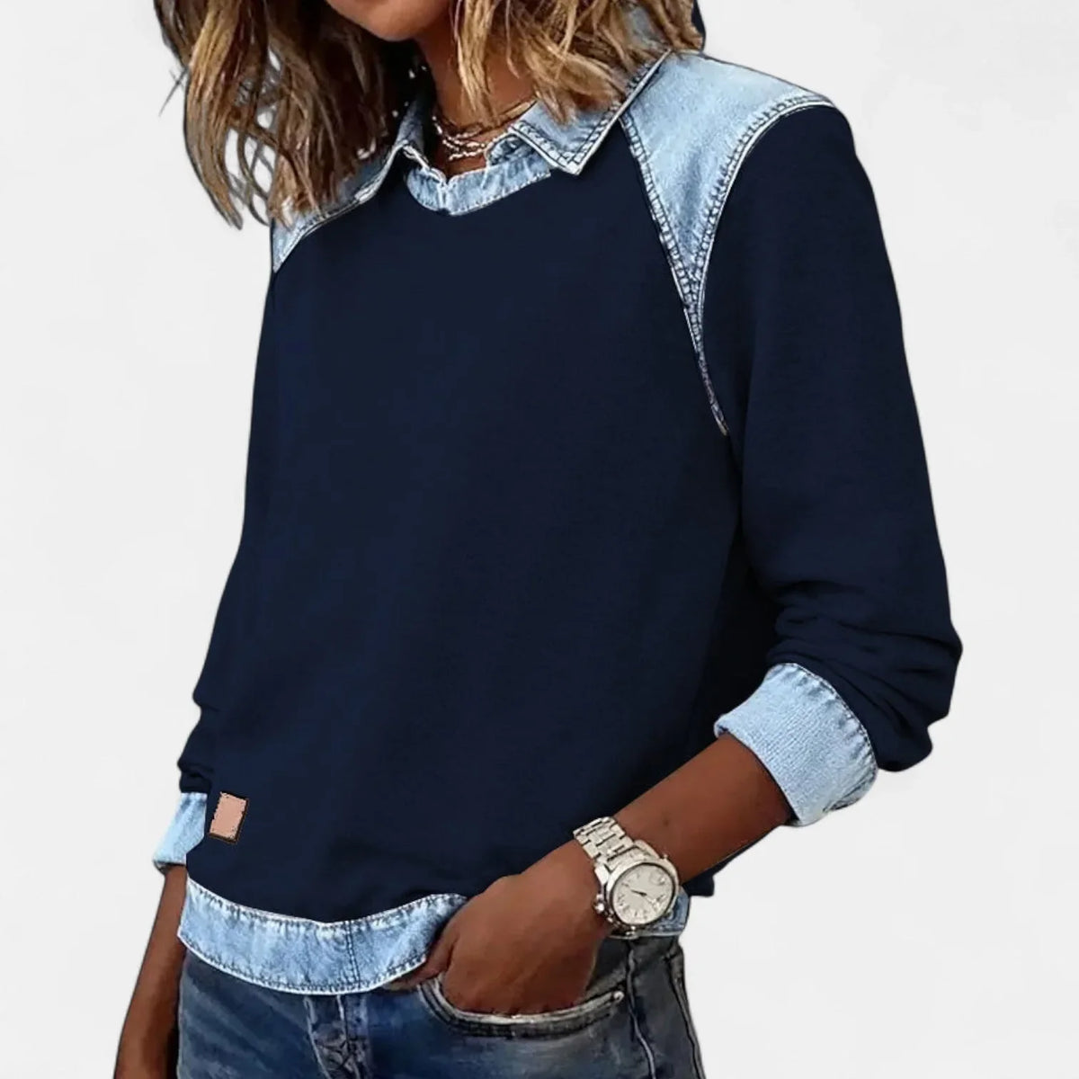 Women's cotton collared sweatshirt with denim contrast details
