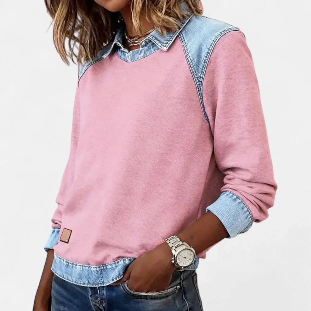 Women's cotton collared sweatshirt with denim contrast details