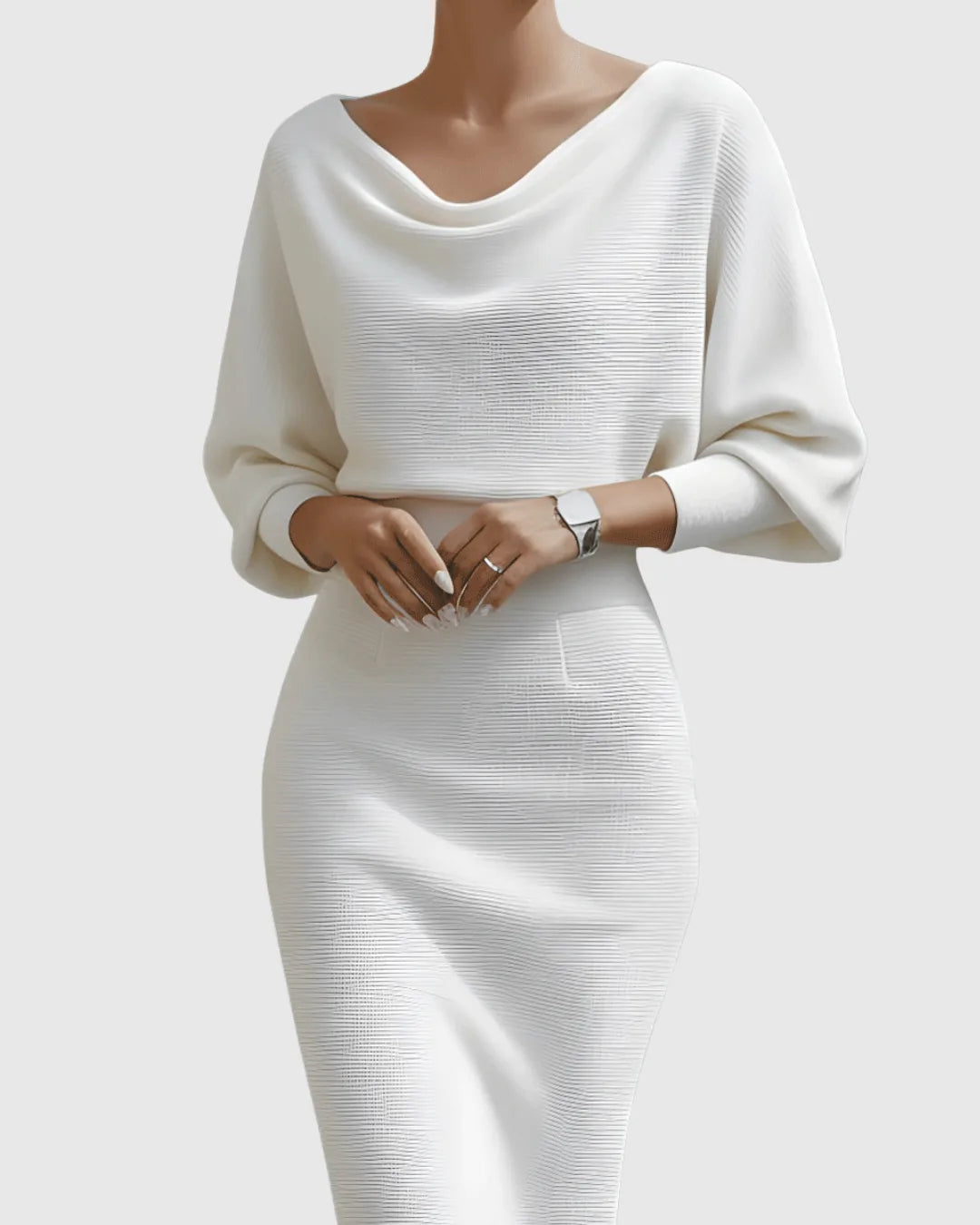 Women's Cowl Neck Batwing Sleeve Ribbed Midi Dress