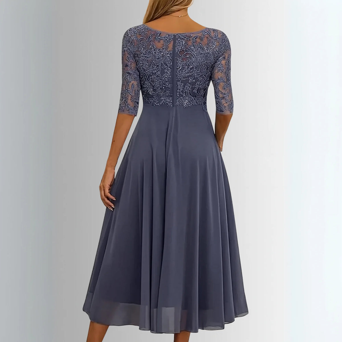 Women's crew neck midi dress with lace embroidered bodice