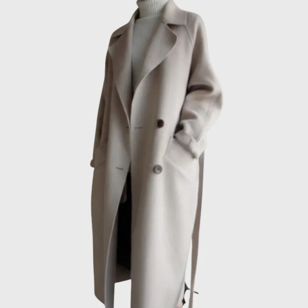 Women's double-breasted notch lapel maxi wool coat with tie belt