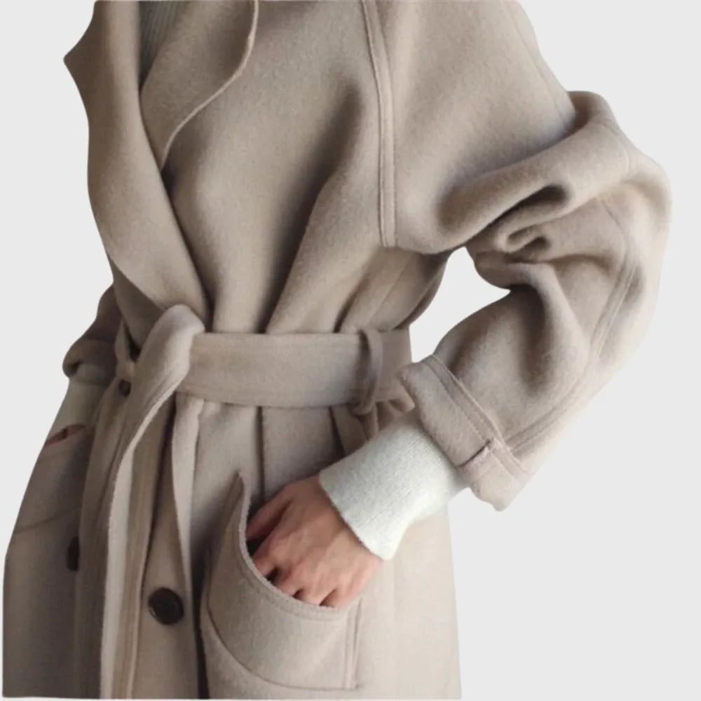 Women's double-breasted notch lapel maxi wool coat with tie belt