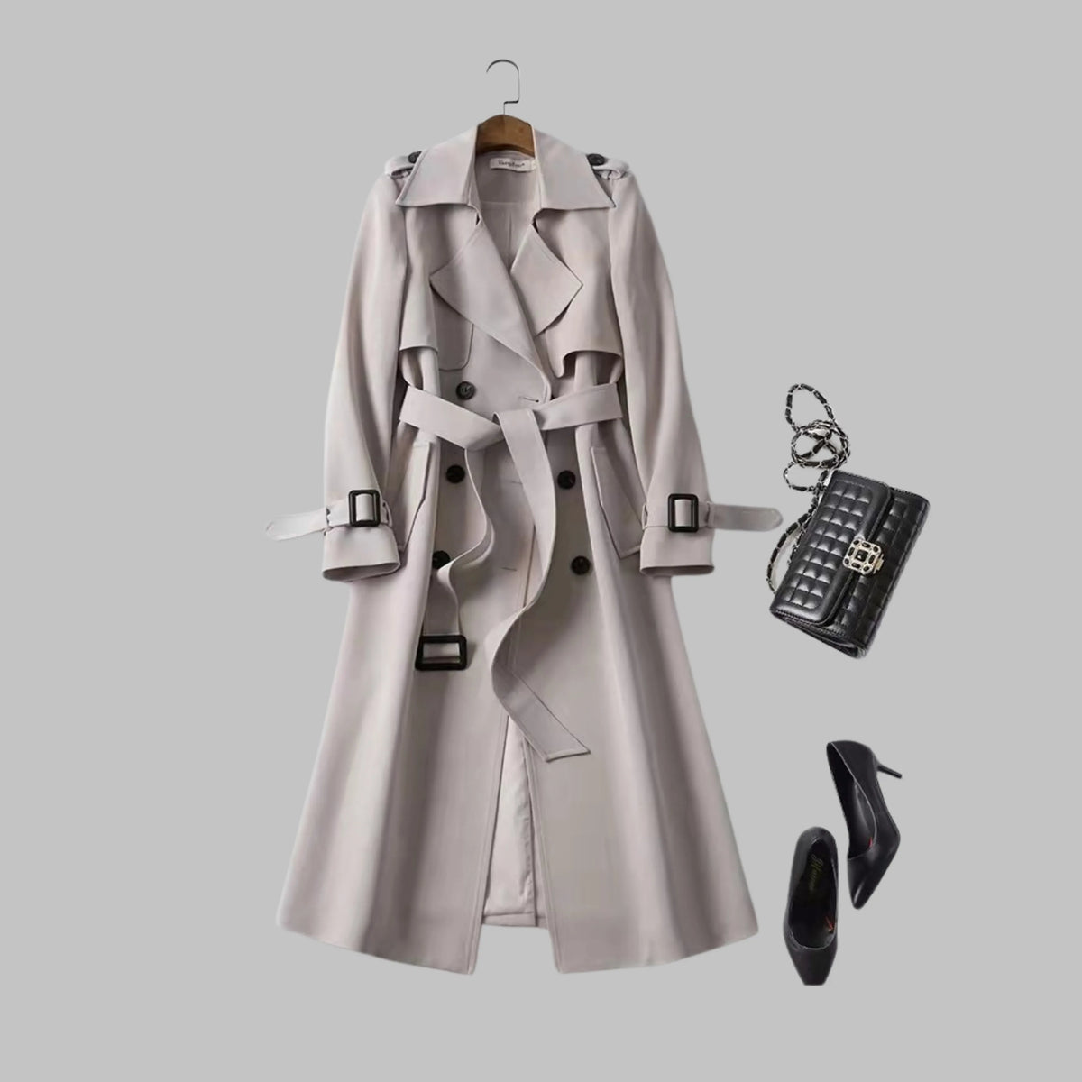 Women's double-breasted notch lapel midi trench coat